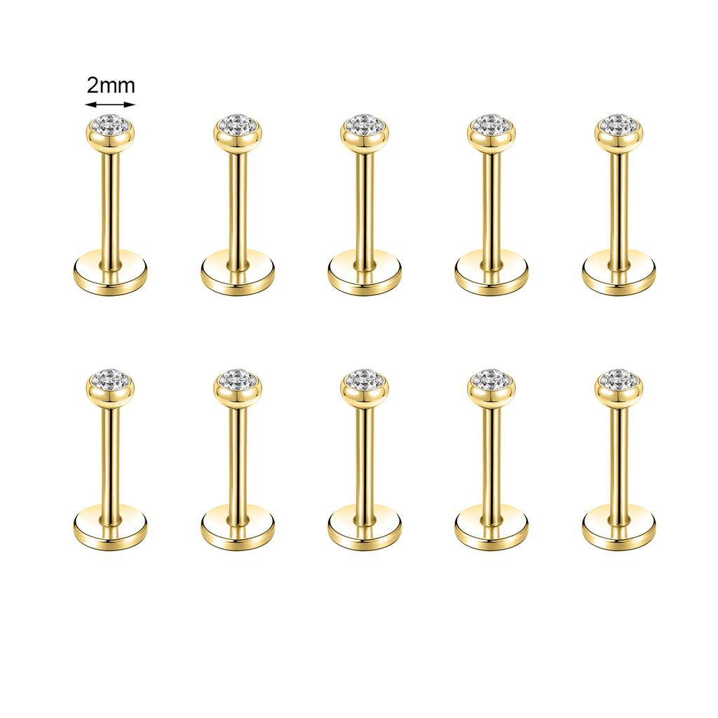 ZS 10 Pcs/lot Gold Color 16/18G Stainless Steel Labret Lip Piercing Men CZ Crystal Ear Cartilage Tragus Helix Piercings 6/8/10MM