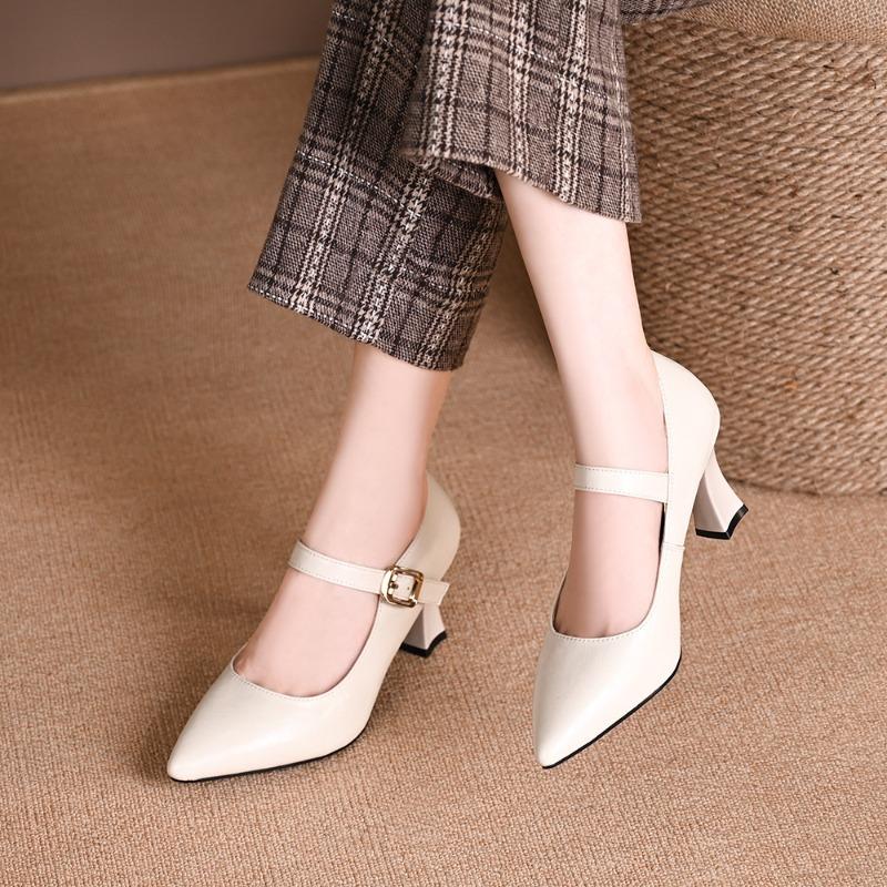 New Spring and Autumn Fashion Shallow Single Shoes Women's Soft Leather Mary Jane Women's Shoes Pointed Leather Shoes Thick Heel High Heels