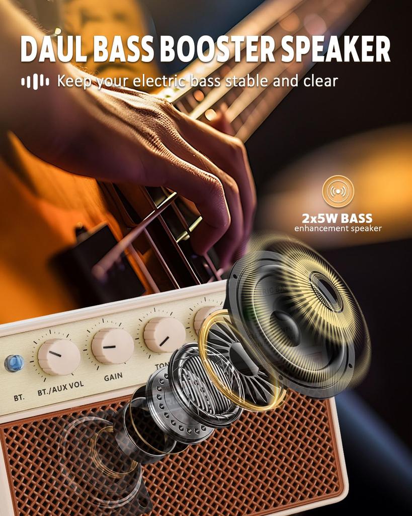 STRICH Mini Bassverstärker, 5W x 2, Tragbar, mit kabelloser Konnektivität, Clean & Drive Kanäle, für E-Bass, SBA-10