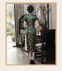Embroidered Floral Satin Long Maxi Shiny Cheongsam Dress with Ten Buttons [TRTRO] Cheongsam, Cheongsam, Length, (Small, Green)