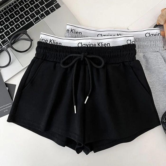 Letter-printed High-waisted Slimming Faux Two-piece Drawstring Elastic Shorts Casual Women's Pants Hot Pants