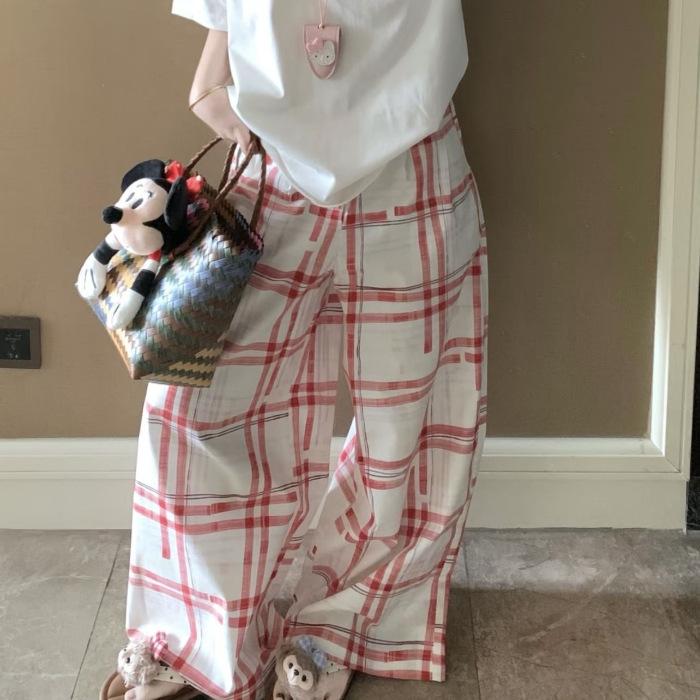American retro plaid wide-leg pants women s summer low-rise straight casual pants loose and relaxed old money wind long pants S