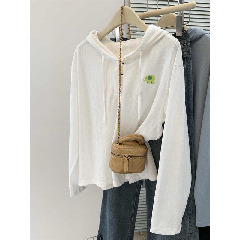 

Women s Retro Cartoon Hooded Long Sleeve T-shirt - Casual Spring/Autumn Style, Versatile and Trendy Layer Top Medium білий