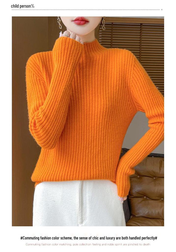 Women's 100% Pure Wool Half-High Collar Thick Knit Sweater - Warm Autumn/Winter Base Layer Pullover
