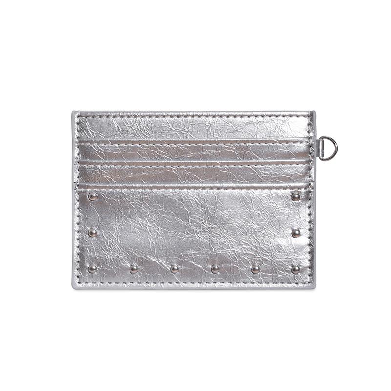 Compact Ultra Thin Cracked Leather Card Wallet Mini Size Multiple Slots With Rivet Design Solid Color Pu Coin Purse