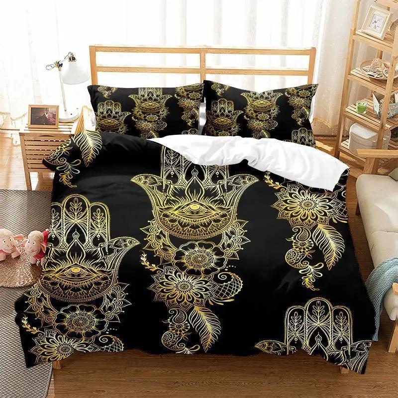 Hamsa Hand Bettbezug King Queen Boho Schwarz Gold Glückshand Fatima Bettwäsche Set Hippie Paisley Tribal Polyester Steppdeckenbezug