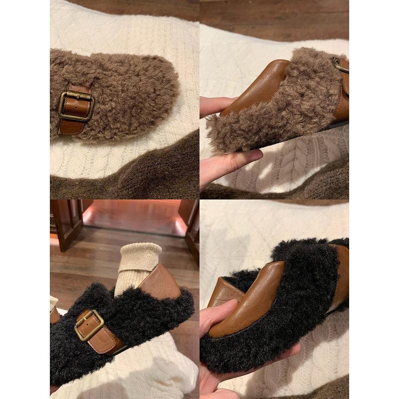 Wool~ niche color matching to keep warm can step on heels Mao Mao Birkenstock shoes women's fleece thickened metal buckle Mao Mao single shoes