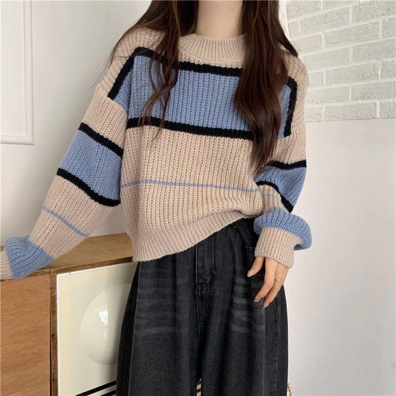 

Полосатый вязаный свитер для женщин осень-зима свободный крой пуловер с длинными рукавами топ 2XL