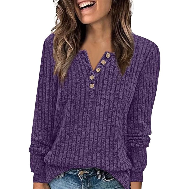 Women's Round Neck Ribbed Patchwork Solid Color Button T-shirt