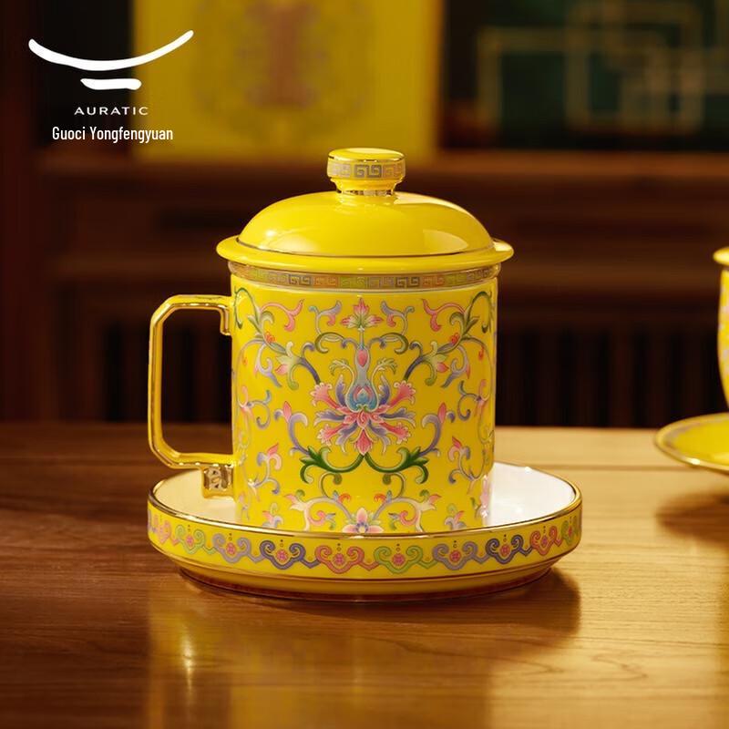 Yongfengyuan Imperial Yellow New Palace Porcelain Lidded Tea Cup Set