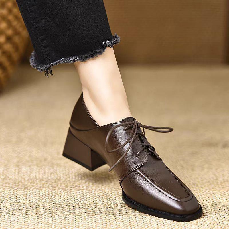 Retro Preppy Mid-Heel Square-Toe Leather Loafers with Deep-Mouth Lace-Up and Kitten Heel for Women