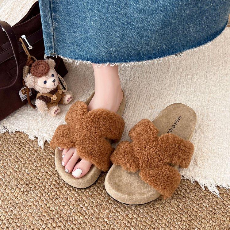 Retro One-pedal Fluffy Slippers Women's Autumn and Winter New Outer Slippers Fashion with Skirt One-word Drag