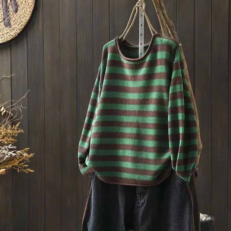 Sweatshirt for Women Cotton Oversize Stripe Loose Round Neck Casual Pullover Long Sleeve Top Sweatshirt