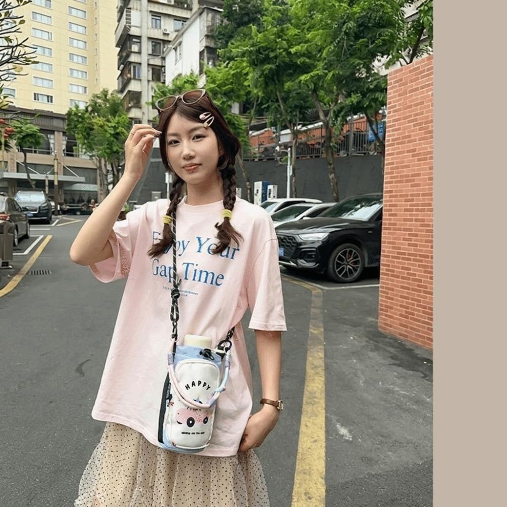 Cartoon Printed Water Bottle Bag Dopamine Style Lightweight Bag Trendy Phone Pouch Outdoor Travel