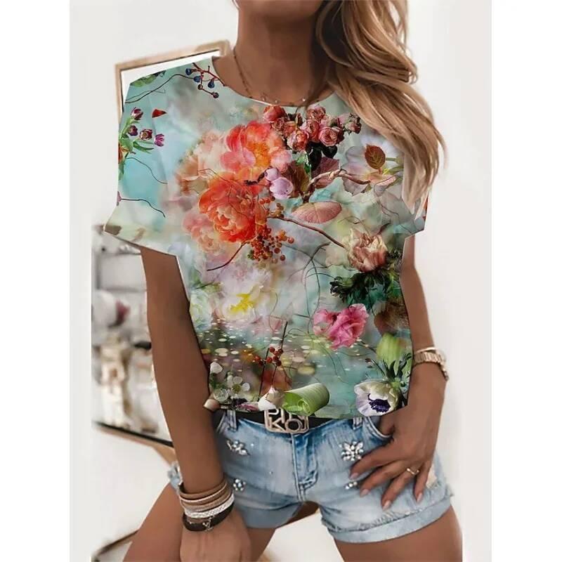 Sunflower and cat print fashionable women's oversized T-shirt