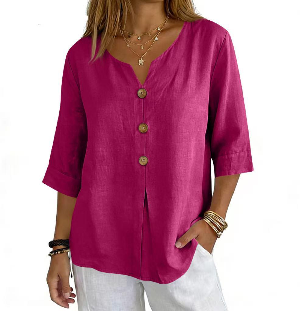 2026 Cotton Linen Three-Quarter Sleeve Button-Down Casual Loose Top Solid Color Shirt