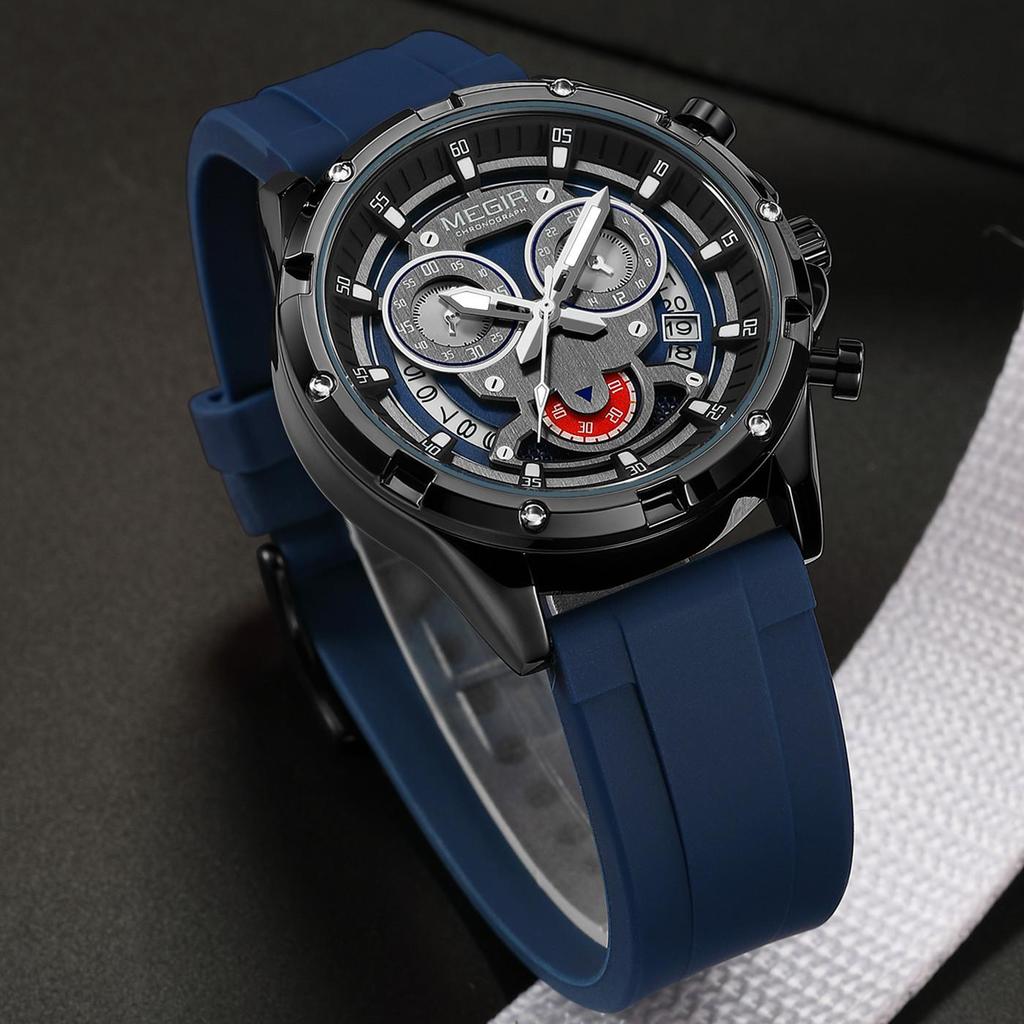 Megir Fashion Men's Sports Military Watches Waterproof Big Dial Quartz Wristwatch with Chronograph 24-hour Auto Date Reloj Hombre 2248