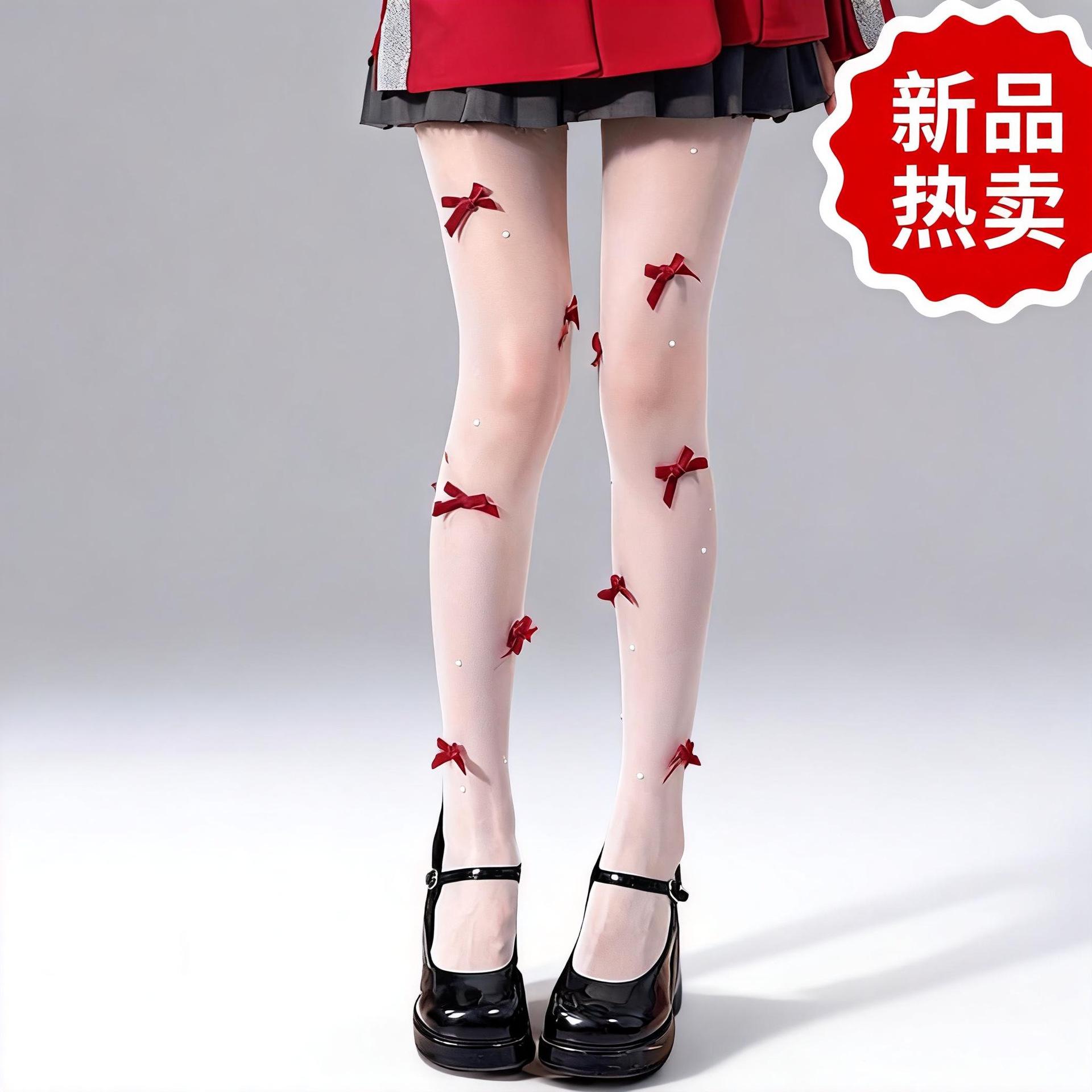

Bow stockings lolita white socks women s thin sweet pearl pink bow white stockings bottoming pantyhose One size fits all