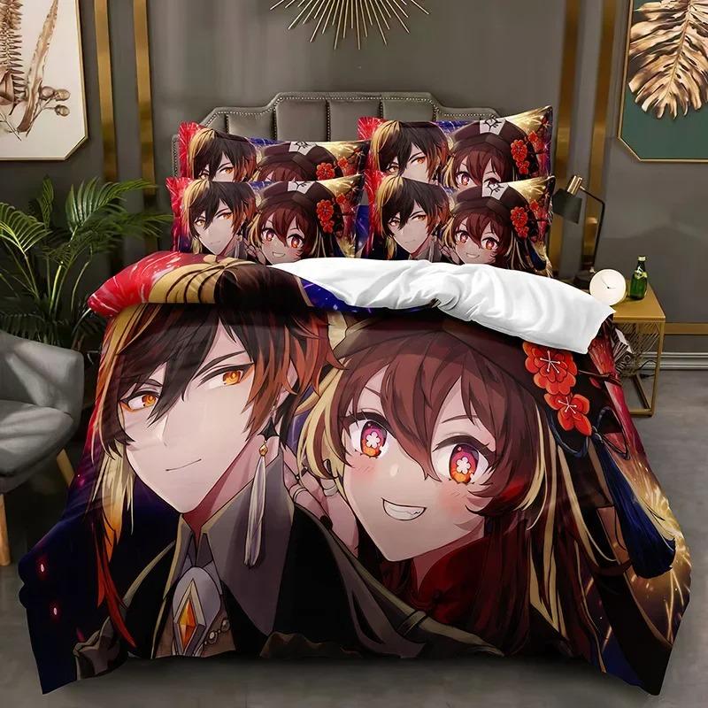 G-Genshin Impact Game Gamer Cartoon Comforter Bedding Set,Duvet Cover Bed Set Quilt Cover Pillowcase,King Queen Size Bedding Set