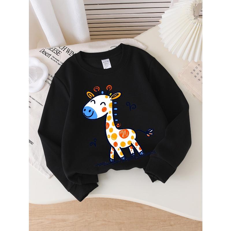 Kids Crewneck Sweatshirt, Colorful Smiling Spotted Giraffe Graphic Print, Spring Autumn Casual Sport Tops 110 белый