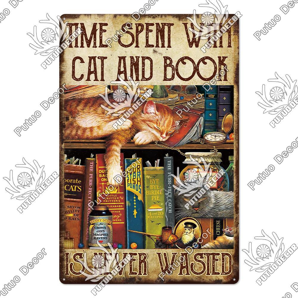 Putuo Decor Cute Cat Vintaget Tin Signs Retro Plaque Metal Plate Wall Art Decor for Home Cafe Living Room Pet Shop Iron Poster