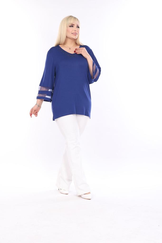 Damen Übergröße Bluse Saphirblau Große Größe Dreiviertelarm Bluse mit Steindetail am Kragen