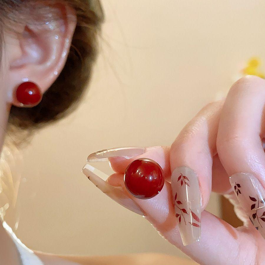 Серьги-пусеты Серебряная Игла Анкара Красные Круглые Любовные Серьги Гонконгский Стиль Ретро Серьги Нишевые Легкая Роскошь Премиум Серьги