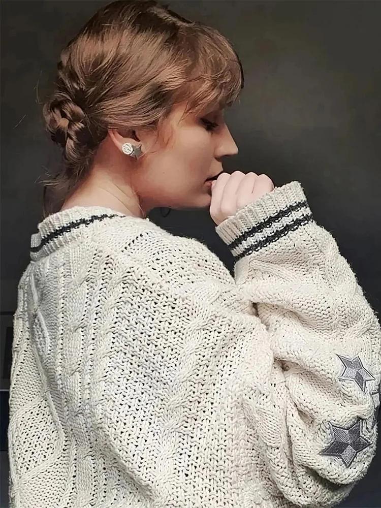 Podzimní a zimní svetr Hvězdná výšivka Pletený zapínání na knoflíky Oversized svetr jednořadý Dámský unisex svetr