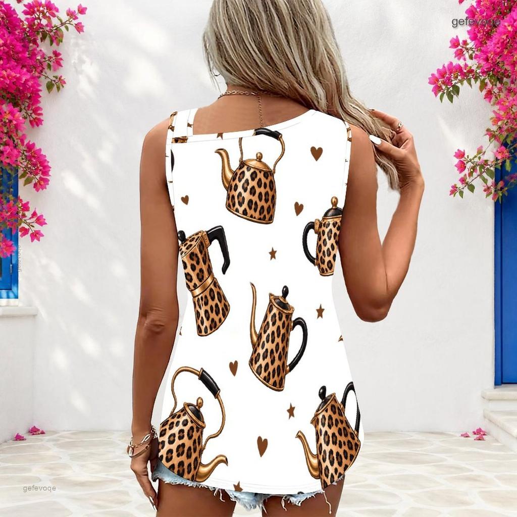 Women Plus Size Asymmetric Neck Cutout Sleeveless White Tank Top Leopard Pear Star Heart Print