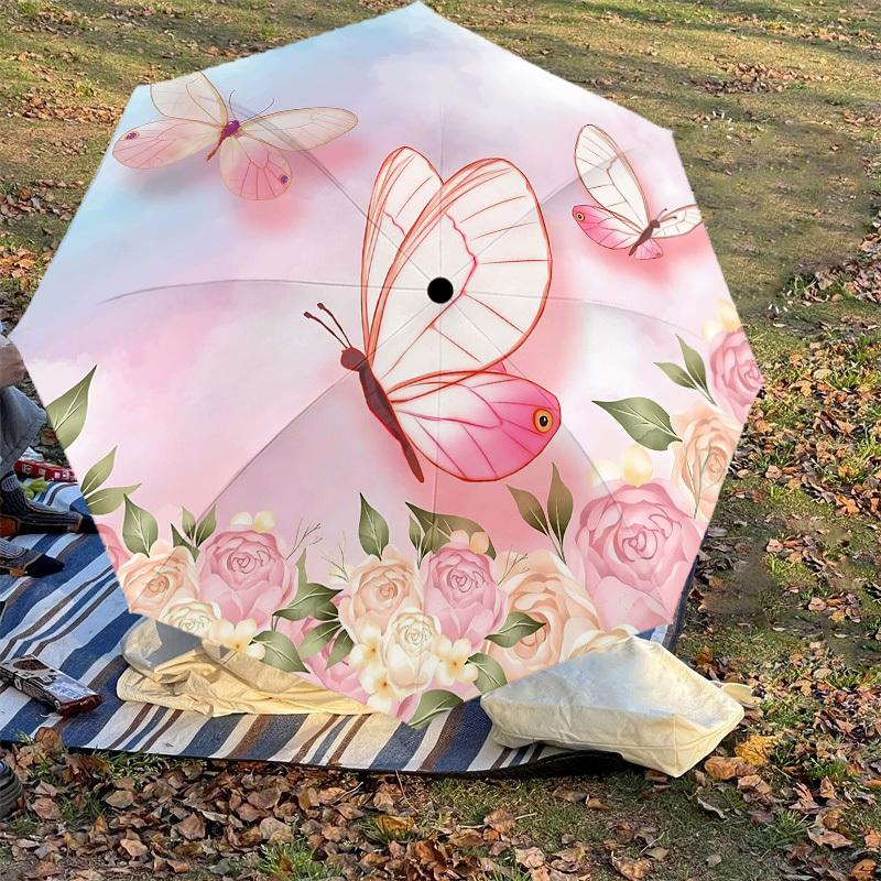 1PC Butterfly Flowers Umbrella-8-Rib Reinforced Portable Folding Travel Suitable for All Seasons Outdoor Daily Use-Z0457