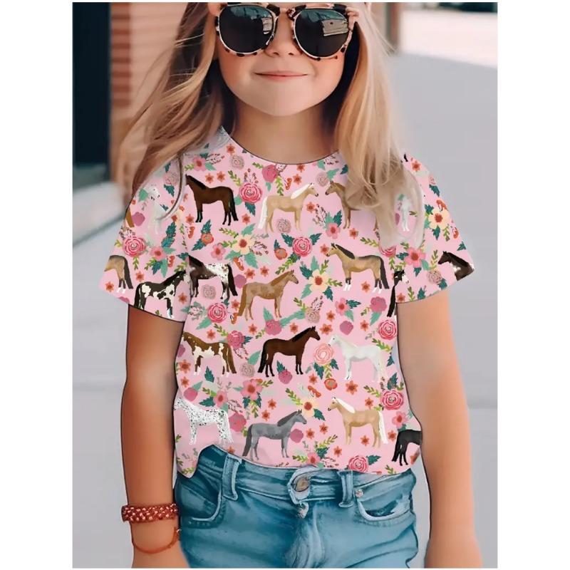 Barnkläder Flicka Söt och Rolig Djur Häst 3D-tryck Grafiska T-shirts Stil Bekväm Rundhalsad Topp T-shirt för Flickor