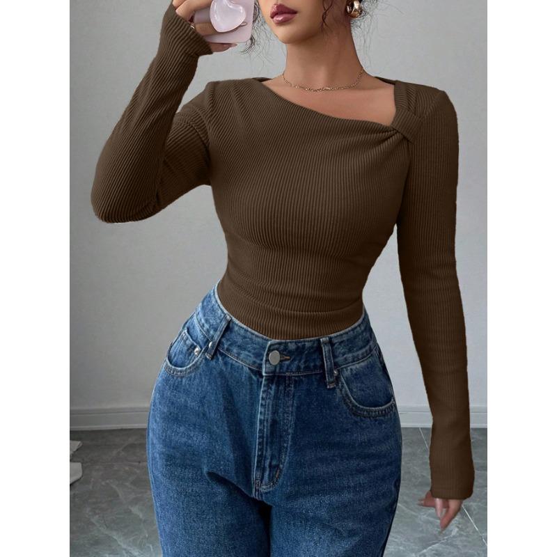 Women S Asymmetrical Neck Long Sleeve Knit Top Slim Fit Autumn Blouse