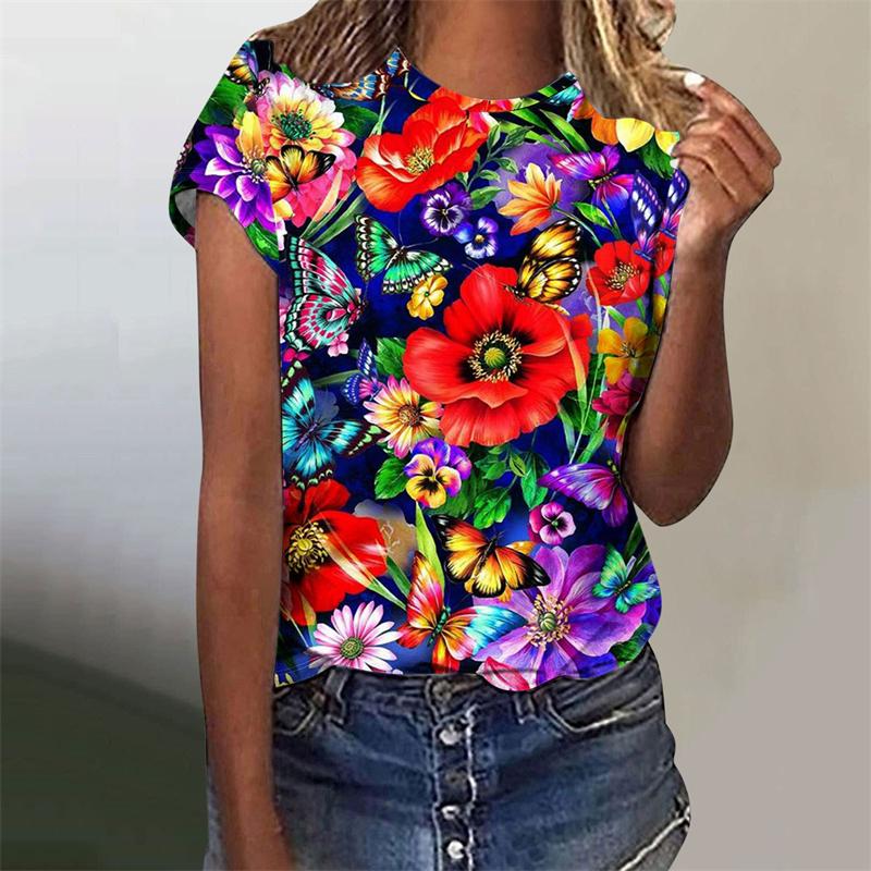 

Colorful Butterfly Animal Print T Shirt Women Harajuku Bird Flower Graphic Short Sleeve T Shirts Fashion Graphic O-neck Tee Top L
