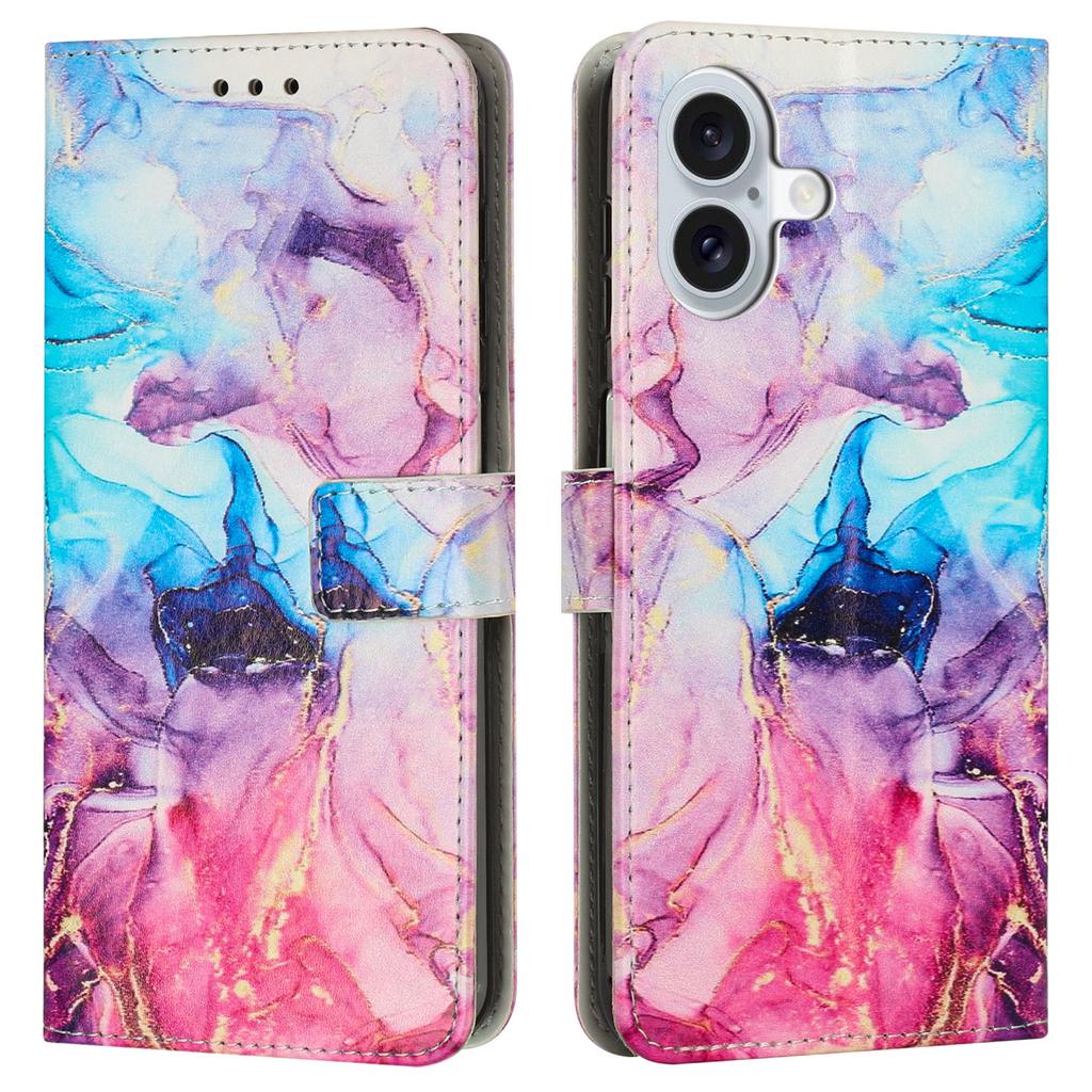 Für iPhone 16 Plus Ständerhülle Marmormuster PU-Leder Brieftasche Handyhülle mit Handschlaufe