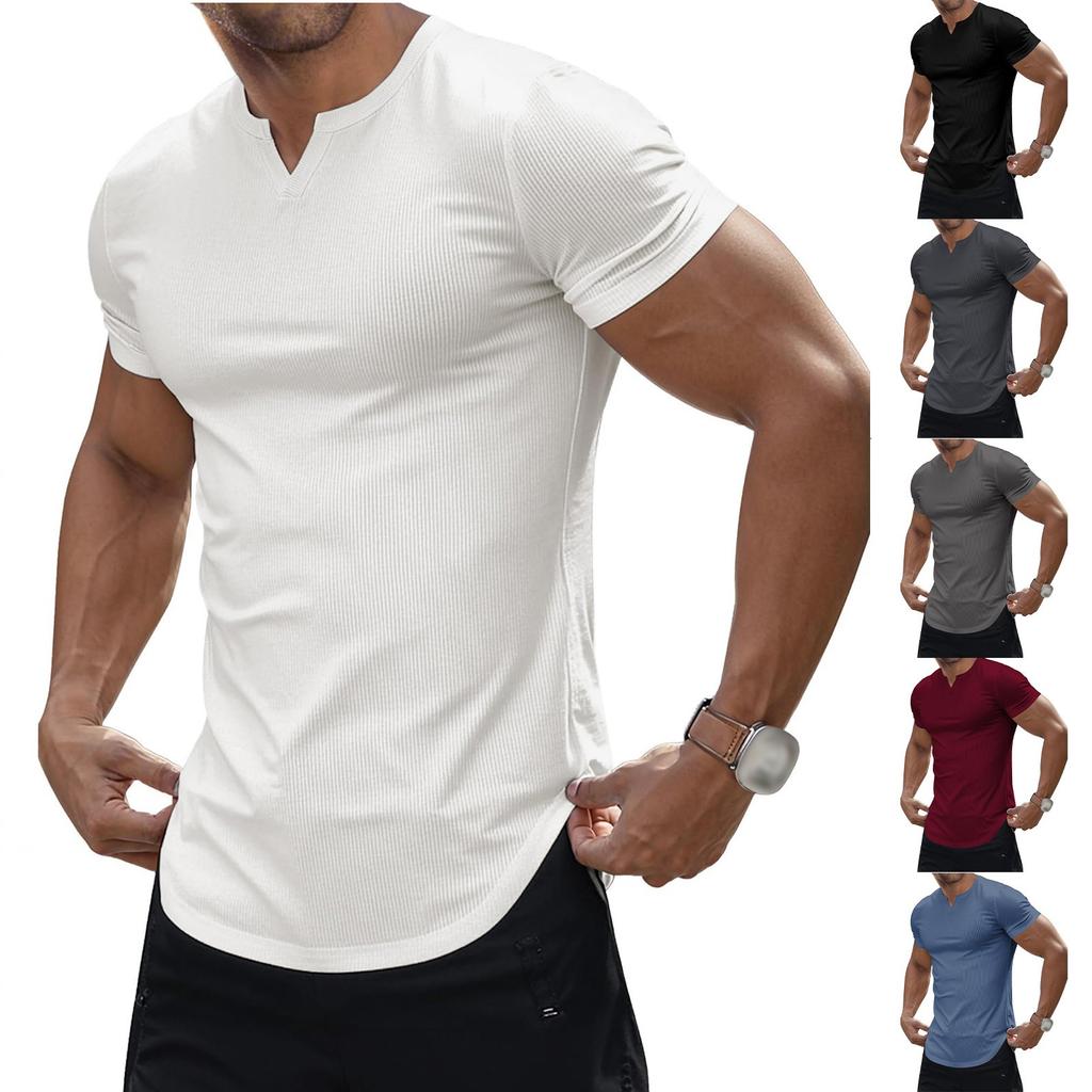 Men's Solid Color Light V-neck Strip Casual Short Sleeve