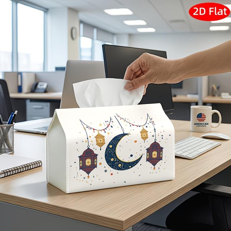 2D Flat, 1pc Tissue Box, Printed on Both Sides, Contemporary Artistic Tissue Box with Lantern And Crescent Design, Made from Durable Fabric for Use in