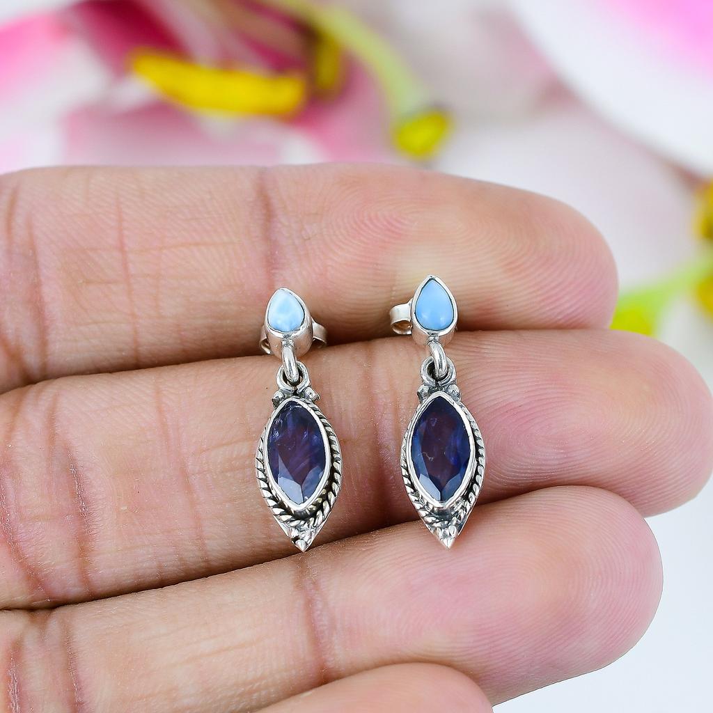 Natural Amethyst, Larimar Gemstone 925 Solid Sterling Silver Earring 1" Q3h07