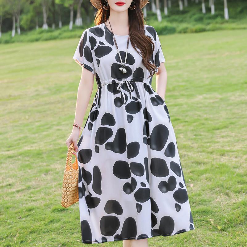 Plus Size Women's Long Dress Summer  Short Sleeve Vintage Print Dress for Women