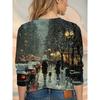 Retro Oil Painting Style Winter Night Print Top, Literary Round Neck Long-sleeved T-shirt