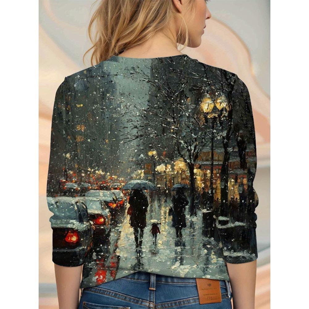 Retro Oil Painting Style Winter Night Print Top, Literary Round Neck Long-sleeved T-shirt
