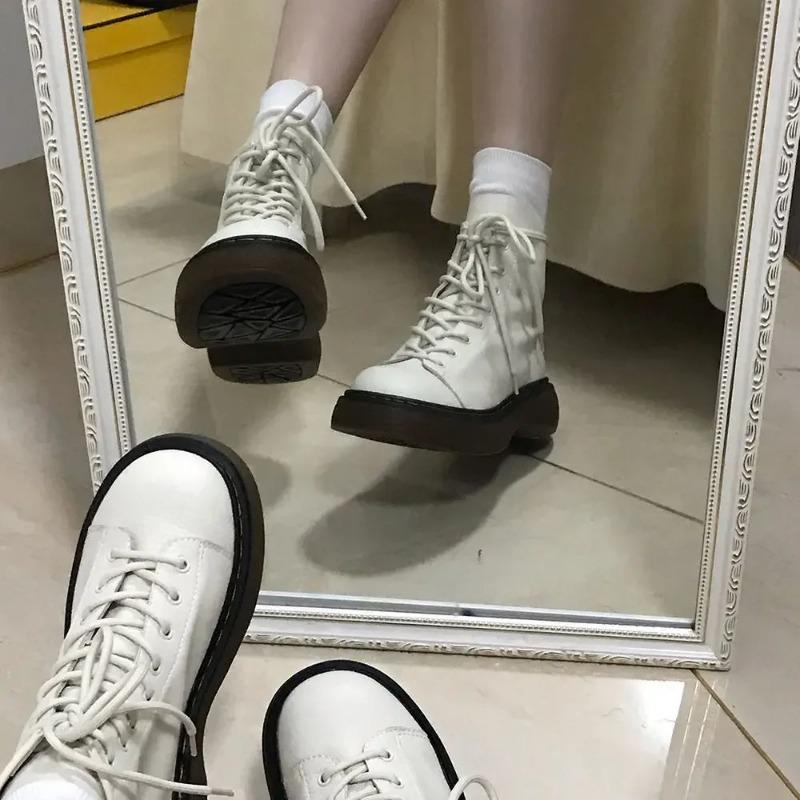 Booties with Laces Short Shoes for Women White Lace-up Footwear Biker Female Ankle Boots Round Toe Spring 2025 On Promotion Goth