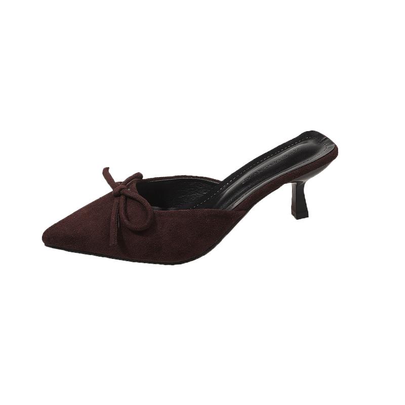 Fashion Butterfly-Knot Flock Women Heels Pumps Shoes Mules Slip on Footwear Shallow Ladies Medium Heels Shoes Female Slides