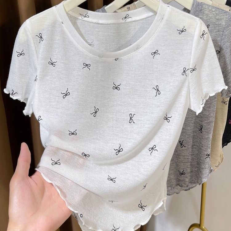 Ultra Thin and Translucent Short Sleeved T-shirt with Bow Print for Women Paired with A Base Layer Underneath