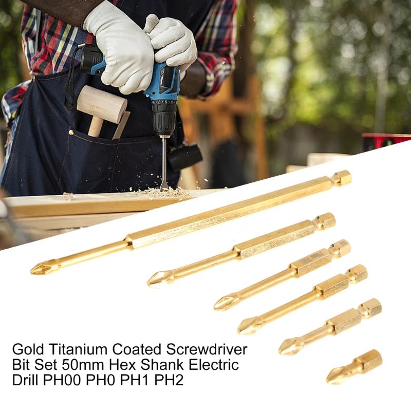 Alloy Steel Screwdriver Bit Set for Electric Drills, 25-150mm Length, PH00 PH2 Sizes, Gold Finish
