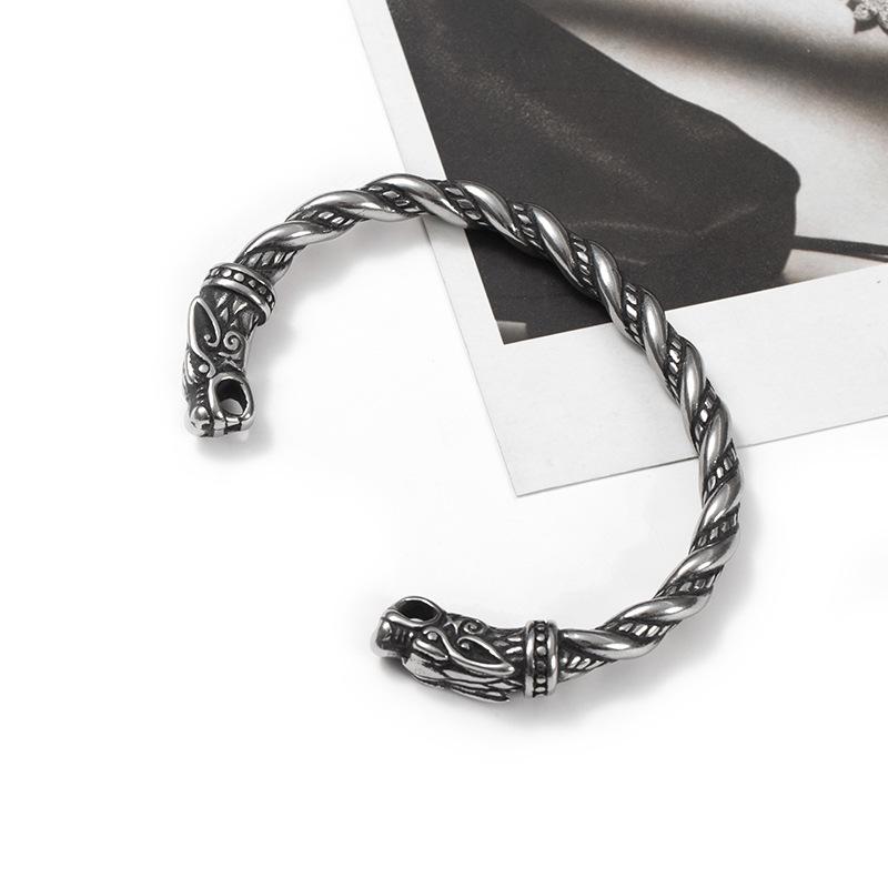 Viking Dragon Head Open Cuff Bracelet For Men Retro Norse Style Jewelry