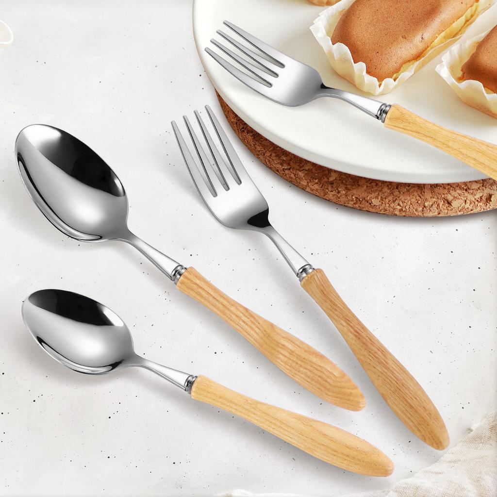 304 Stainless Steel Ash Wooden Handle Western Food Steak Knife Fork Spoon Retro Stainless Steel Tableware Four-piece Set