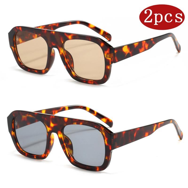 2Pcs Trendy Flat Top Square Frame Sunglasses Women Vintage Polygon Design Sun Glasses Men Leopard Stylish Pilot Shades Uv400