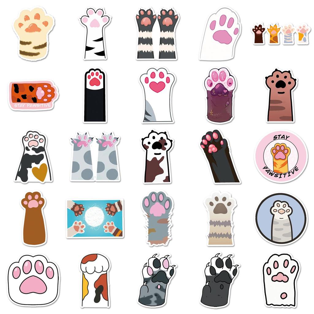 50 Cat Paw Graffiti Stickers - Cute, Waterproof Cartoon Cat Designs for Decorating Phone Cases and Suitcases