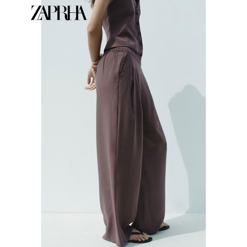 Zaprha 2025 Summer New Versatile Pleated Design Mid-Waist Elastic Wide-Leg Casual Trousers 8338504