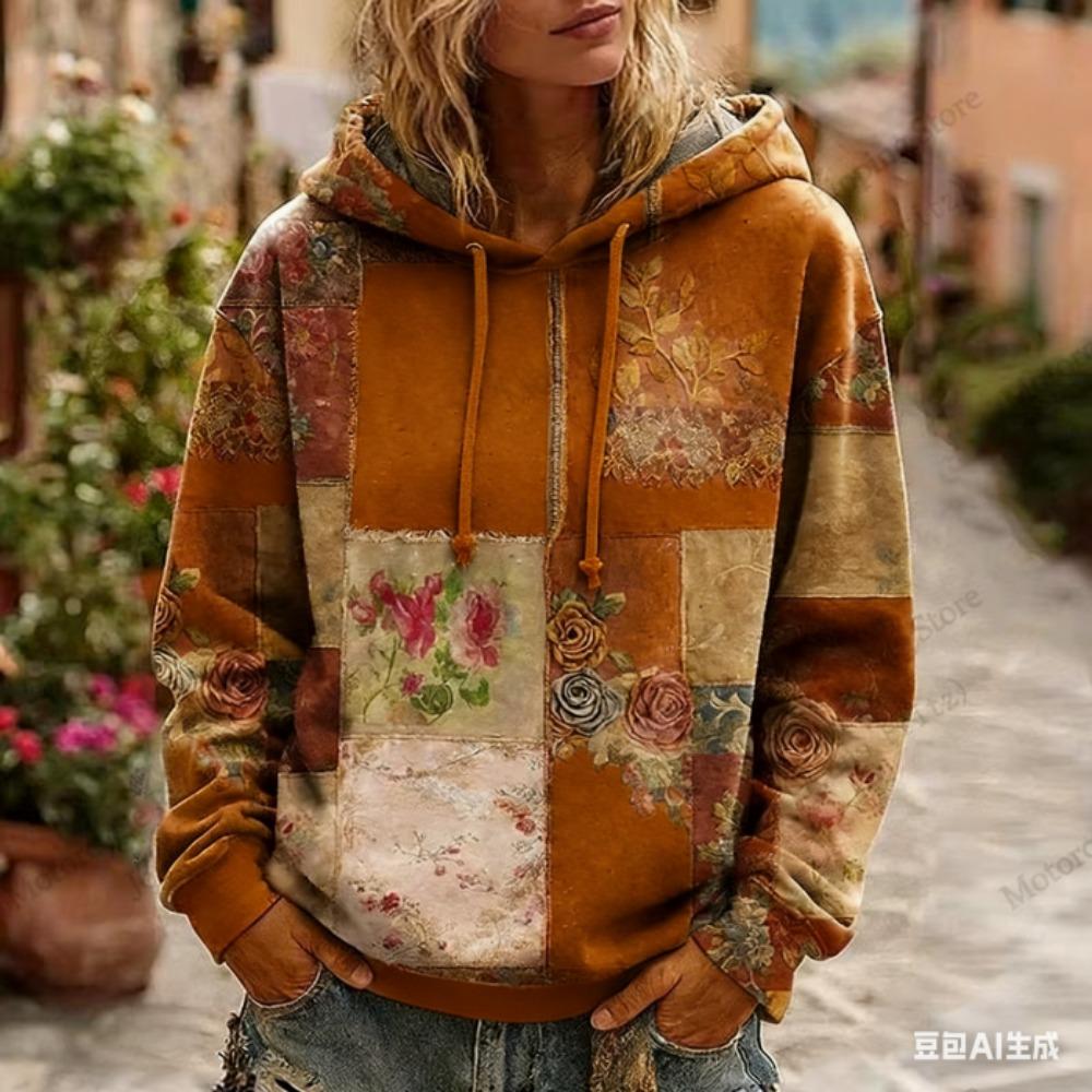 Women's Hoodie Fashion Vintage Floral Print Women Casual European American Style Hoodie Sweatshirt Women Clothes Top